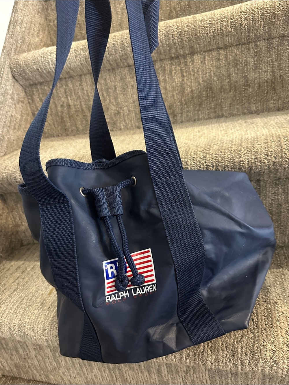 Ralph Lauren Polo Sport Bucket Bag Blue Flag Drawstring Vinyl Tote Web Straps
